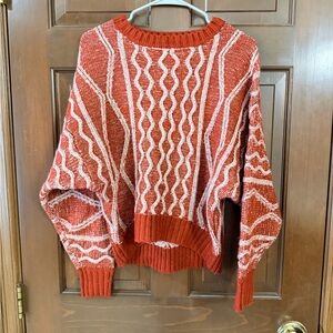 BKE Geometric Wave Cable Knit Sweater in Orange and White